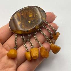 Vintage Soviet Baltic Amber Dangle Brooch USSR Fringe Chains 21.8g