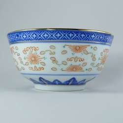 Vintage Chinese Porcelain Dragon Bowl & Spoon Imperial Blue Gold Rim Translucent