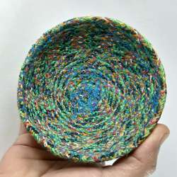 Vintage Handmade Colorful Woven Fabric Bowl Small Basket Cotton Blend Trinket