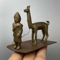 Vintage Cast Brass Figurine with Llama Ethnic Folk Art Bronze Sculpture Handmade