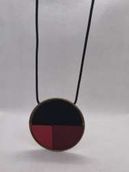 Artistic Geometric Circular Pendant Necklace – Black & Red Enamel with Copper-