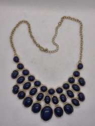 Gold Tone Statement Necklace – Navy Blue Oval Cabochons – Layered Vintage Style