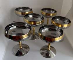 Vintage Stainless Steel Champagne Coupe Glasses: 24kt Gold Stem, Set of 6