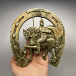Vintage Soviet Metal Horseshoe Wall Plaque Warrior Knight on Horse Kyivan Rus
