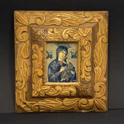 Vintage Orthodox Icon Virgin Mary Child Jesus Hand Carved Wooden Frame 1960s