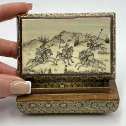 Vintage Persian Hand Painted Mosaic Trinket Jewelry Box Polo Horsemen Scene