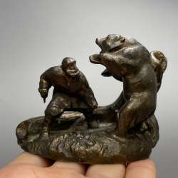 Vintage Soviet Bronze Bear Hunting Statue 1960s USSR Man Fighting Bear Figurine