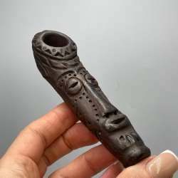 Vintage Handmade African Tribal Mask Clay Smoking Pipe Ethnic Ceramic Art 74g