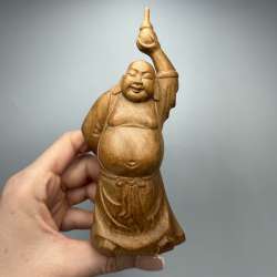 Vintage Hand Carved Wooden Laughing Buddha Hotei Figurine Symbol of Happiness