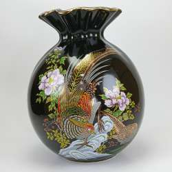 Vintage Japanese Porcelain Vase Hand-Painted Birds Flowers Fluted Gold Rim 1950s
