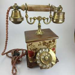 Vintage Telcer Italy Rotary Telephone Ornate Brass Jacquard Fabric Wooden Box