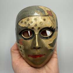 Vintage Venetian Bronze Enamel Mask Wall Decor | Hand Painted Masquerade Mask