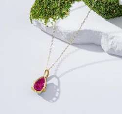 14K Solid Gold Red Ruby Teardrop Pendant Necklace