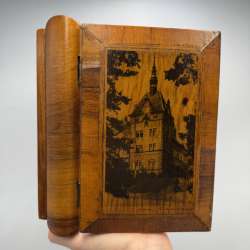 Antique Ukrainian Wooden Trinket Jewelry Box Pyrography Castle Carpathians