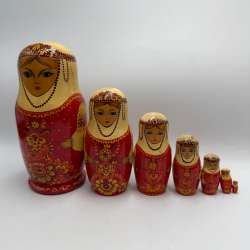 Vintage 1990s Russian Matryoshka Dolls Set of 7 Signed Akmatova K.P.  Red Floral