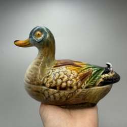 Vintage Majolica Ceramic Duck Trinket Box Hand Painted Decorative Figurine Decor