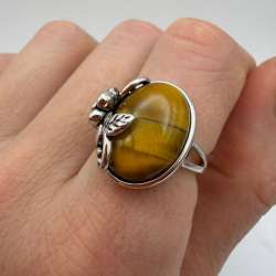 925 Silver Tiger Eye Ring Vintage Flower Adjustable Gemstone Jewelry Gift