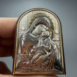 Vintage Italian Silver Plated Madonna & Child Icon Laminato Ag Wood Base 5.5cm