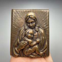 Vintage German Bronze Madonna & Child Wall Plaque Religious Relief Collectible