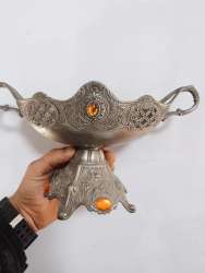 Vintage Victorian Style Decorative Serving Bowl – Silver Tone Metal with Amber