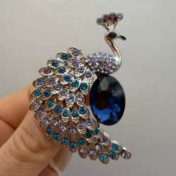 Blue Crystal Peacock Brooch Rhinestone Vintage Statement Pin Elegant Gift