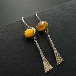 Vintage Modernist Baltic Amber Drop Earrings 875 Silver Soviet Era Dangle Hooks