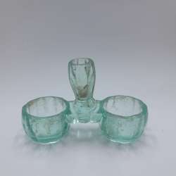 Vintage Glass Salt Cellar Double Kitchen Dish Floral Pressed Glass w/ Patina