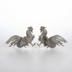 Vintage Style Silver Tone Metal Rooster Figurine Pair Decorative Animal Statue Home Decor