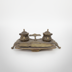 Vintage Ornate Brass Desk Set - Double Inkwell, Pen Rest & Letter Opener Office Decor Gift