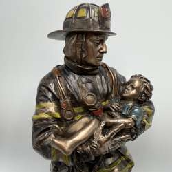 Bronze Finish Firefighter Statue Fireman Rescuing Child Figurine Hero Gift 28cm