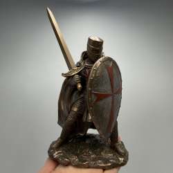 Crusader Knight Statue Bronze Finish Templar Warrior Figurine Sword Shield 18cm