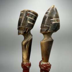 Pair Vintage African Tribal Ceremonial Staffs Carved Horn Heads Ethnic Decor