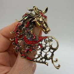 Horse Brooch Red Crystal Rhinestone Vintage Statement Pin Elegant Gift