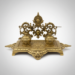 Vintage Ornate Brass Double Inkwell Desk Set Skull Motif Pen Holder Office Library Decor Antique