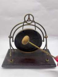 Vintage Brass Tabletop Gong w/ Mallet & Wood Base - Decorative Desk Art Piece
