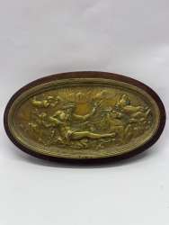 Vintage Bronze Mythological Relief Plaque Neptune Poseidon Chariot Wood Base