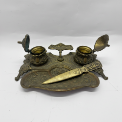 Antique Bronze Desk Inkwell Set with Ornate Letter Opener | Vintage Decorative