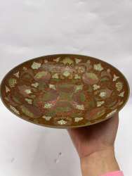 Vintage Indian Brass Enamel Bowl Handmade Decorative Dish Peacocks Floral Design