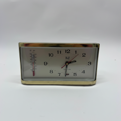 Vintage Mechanical Wind-Up Alarm Clock Analog Thermometer Gold Tone Retro Style