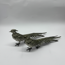Vintage Silver Plated Bronze Pheasant Figurines Pair - Detailed Bird Statues Col