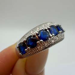 Blue Crystal Ring Silver Tone Band Vintage Style Elegant Statement Jewelry