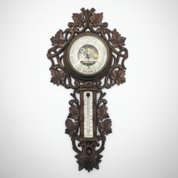 Antique Black Forest Carved Wood Barometer Thermometer Weather Station Wall Deco