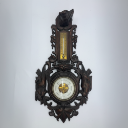 Antique Black Forest Carved Wood Barometer Thermometer | Fox Head Hunting Weathe