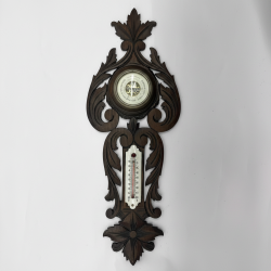Antique German Black Forest Carved Wood Barometer Thermometer Wall Weather