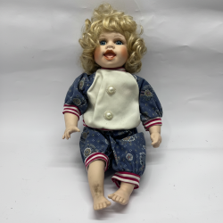 Vintage Porcelain Doll Blonde Hair Blue Eyes Floral Outfit Collectible Display