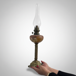 Antique Kerosene Oil Lamp Hand-Painted Floral Glass Fount Ornate Brass Twisted