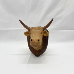 Vintage Hand Carved Wood Bull Head Wall Hanging Plaque Rustic Farmhouse Butcher