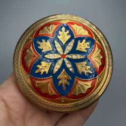 Vintage Brass Guilloche Enamel Powder Compact Mirror Vanity Case Makeup Box