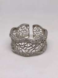 Vintage Crystal Wide Cuff Bracelet – Silver Tone Filigree Bangle (Not Silver)