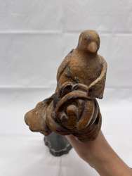 Olive Wood Carved Bird on Rose Sculpture Artistic Decorative Nature Art Metal